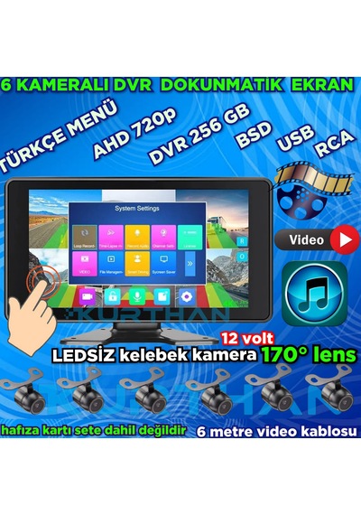 Ledsiz Kelebek Kamera 170'' Ahd 720p Rca 6 Kanallı 10 İnç Dokunmatik Usb Bsd Dvr Ekran 12 Volt