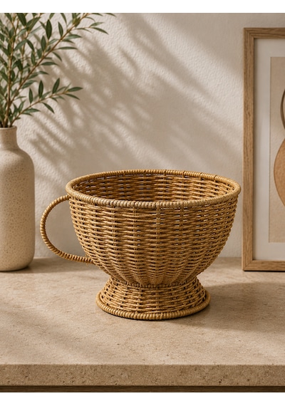 Hasır Rattan Fincan Model Sepet Düzenleyici Dekor Büyük Boy 16 20cm Açık Sarı