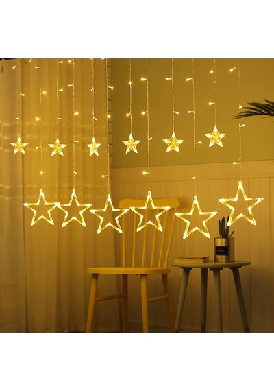 Yıldız Sarkıtlı Perde Led Aydınlatma - 3m Genişlik, 8 Modlu, Sarı