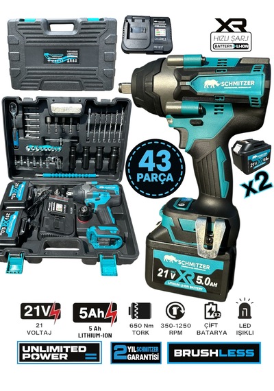 Schmıtzer Sch-9502tu Pro 21v 15 Pilli Çift Akülü Kömürsüz Darbeli Vidalama 650 Nm Somun Sıkma Sökme Matkap
