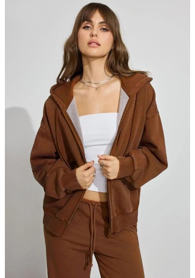 Seeh Kahverengi Fermuarlı Kadın Sweatshirt Sh263 Standart