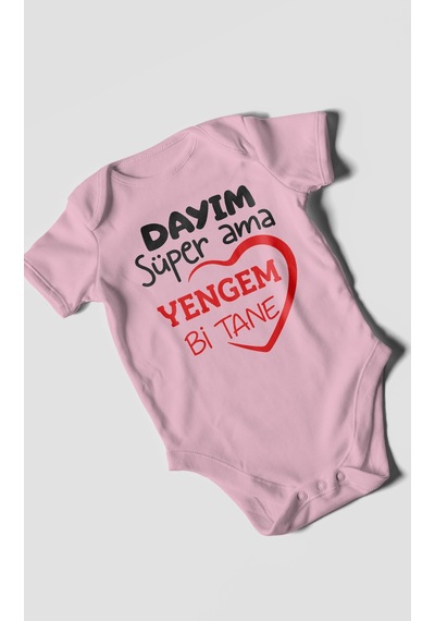 Morivokids Dayım Süper Ama Yengem Bir Tane Kısa Kollu Bebek Body %100 Pamuk Koyu Pembe