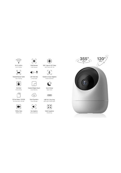 Xenon Smart Ev Kamerası | 2K 3MP, WiFi, Mobil Kontrol, Sesli, 360° Ptz, Hareket Takip, İç Mekan Kamera (X7205)