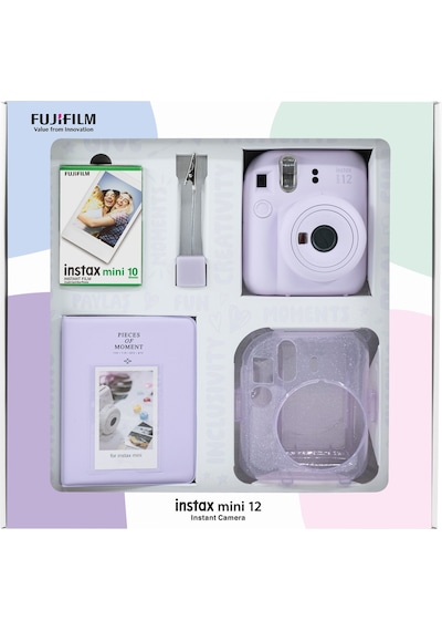 Fujifilm Instax Mini 12 Fotoğraf Makinesi + 10'lu Film + Simli Pleksi Kılıf + Pvc Albüm + Kıskaçlı Standı Lila