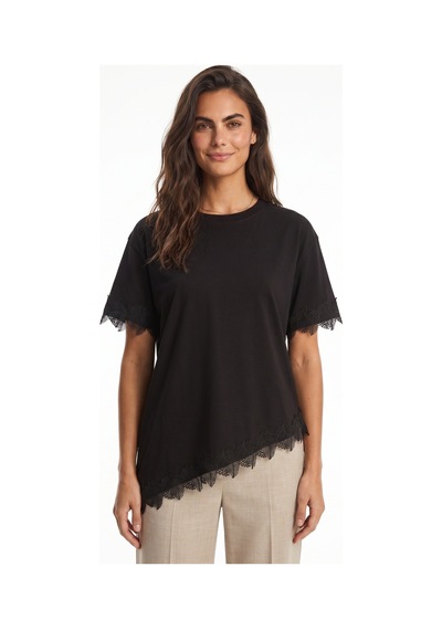 Onloox Kadın Siyah Siyah Pamuklu Bisiklet Yaka Oversize Kısa Kollu Dantel Detaylı Asimetrik Kesim T-shirt