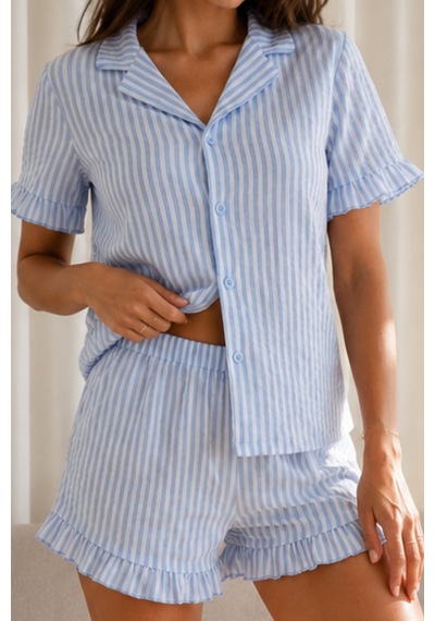 Kadın Düz Pamuk Homewear Mavi Pijama Takımı