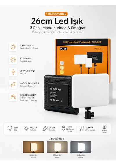 Profesyonel 26cm Led Işık 3 Renk Modlu 2 Metre Tripod Standlı Ayarlanabilir Masa Lambası Aydınlatma
