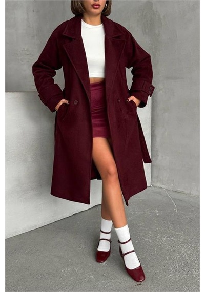 Kadın Astarlı Bordo İthal Kaşe Kaban Dpnbg048 Bordo