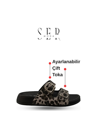 Sermoda Çift Toka Kadın Terlik - Rahat Ve Esnek Tabanlı Ayarlanabilir Bantlı Kadın Terlik Leopar Gri