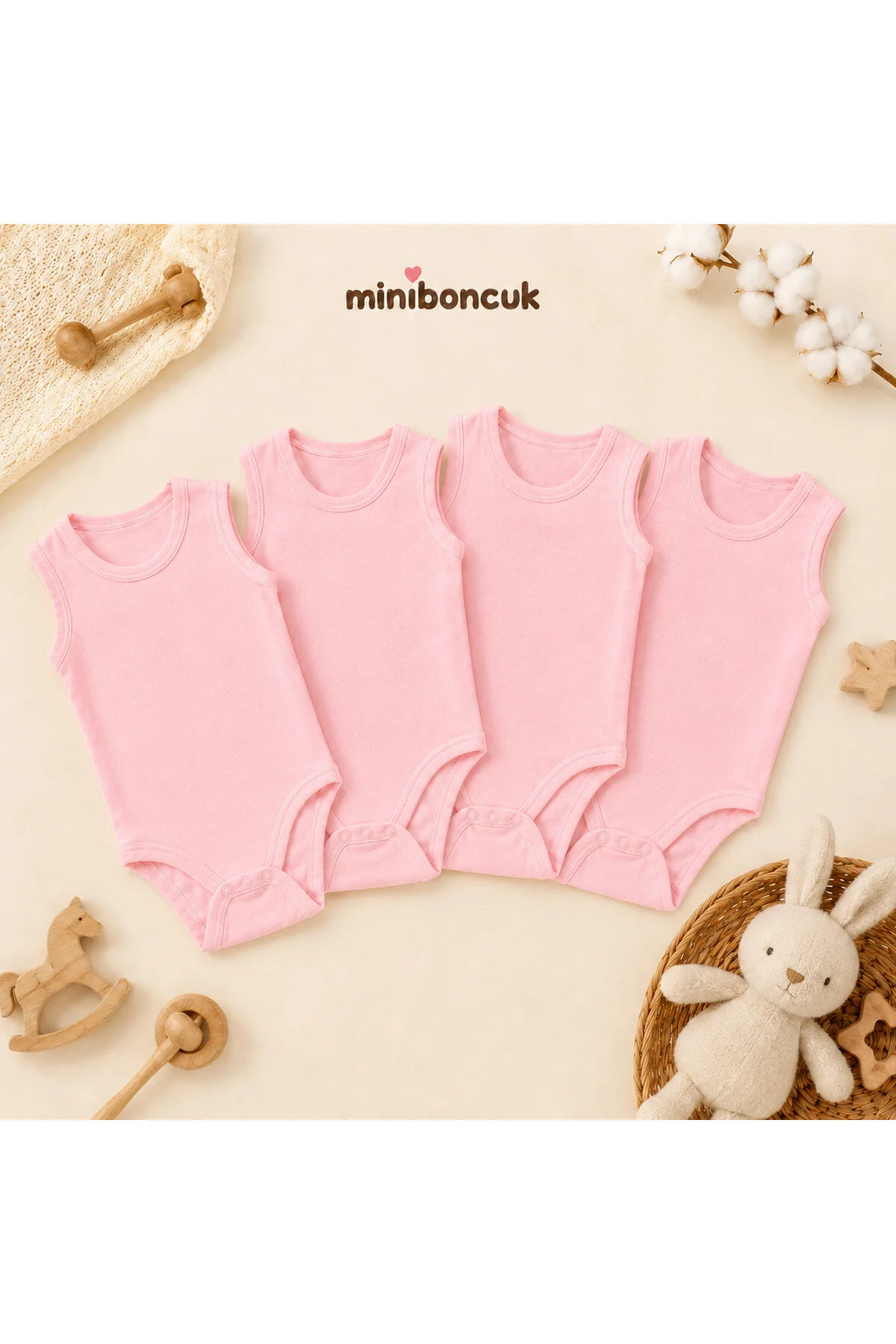 Mini Boncuk %100 Pamuk 4 Lü Pembe Askılı Bebek Body Atlet Seti