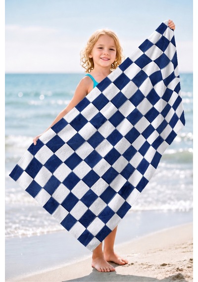 Damalı Kare Desenli Lacivert Beyaz Plaj Havlusu - Geometrik Marine Hızlı Kuruyan Mikrofiber Havlu Serin İncir