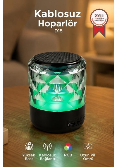 Premium Kamp Parti Ofis Bluetooth Hoparlör Rgb Işıklı D15 Siyah