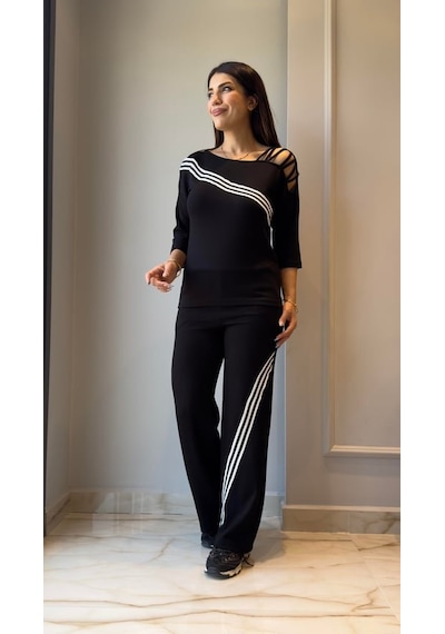 Bhrwear Kadın Uzun Kollu Truvakar Kol Tek Omuz Çapraz Şerit Detaylı Ribanalı Viskon Iki Iplik Bluz Ve Pantolon Ikili Takım Renkli
