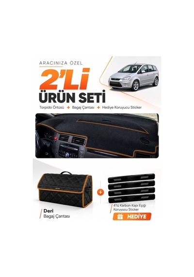 Ford C-max 2003-2010 Uzun Kapaklı Uyumlu Torpido Örtüsü + Deri Çanta Seti - Siyah Kahverengi