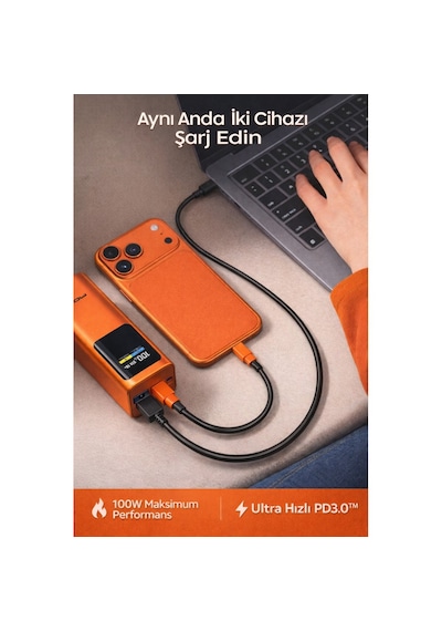 100w Ultra Hızlı Şarj Powerbank 20000 Mah Pd 3.0 Type-c Dahili Kablolu Laptop Telefon Tablet Uyumlu Tft Ekran Taşınabilir Power Bank Turuncu