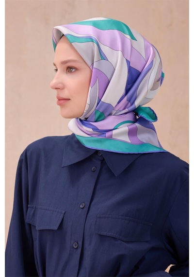 Belli İpek Eşarp - 4108-83 Lila Mavi Gri Twill