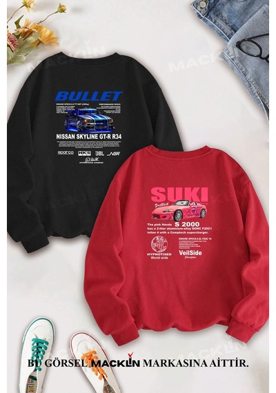 Macklin Sevgili Çift Kombin Hızlı Ve Öfkeli Bullet & Suki Sırt Baskılı Bisiklet Yaka Sweatshirt 2li Takım Siyah Kırmızı Mck1334 Çok Renkli