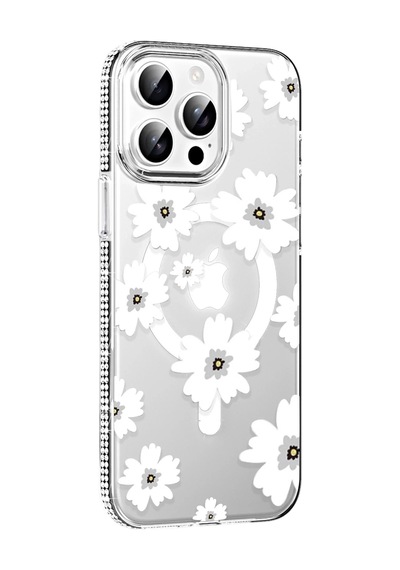 Durukar Apple, Uyumlu iPhone 15 Pro Floral Magsafe Kapak - Beyaz