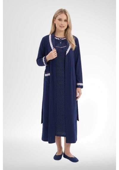 Mecit Pijama Mecit 6392 Kadın Lacivert Büyük Beden Uzun Sabahlık Gecelik Takım