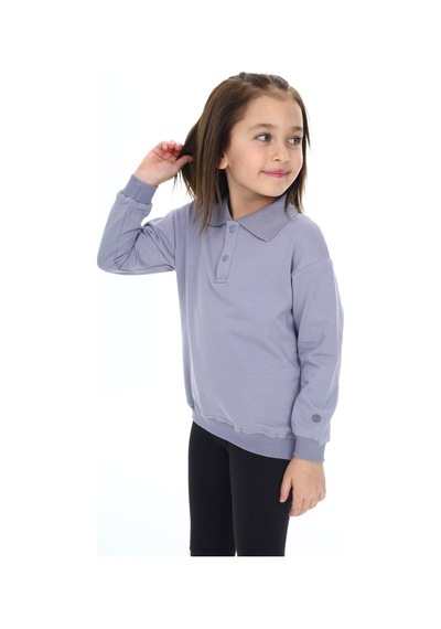 Kız Çocuk Regular Fit Polo Yaka Düşük Omuz Nakış Baskılı Sweatshirt - 2 İplik Koyu Gri