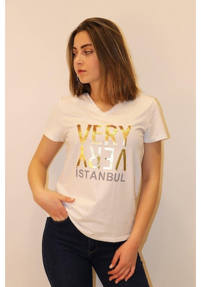 Rich Kadın V Yaka T-shirt %100 Pamuk Tişört Beyaz