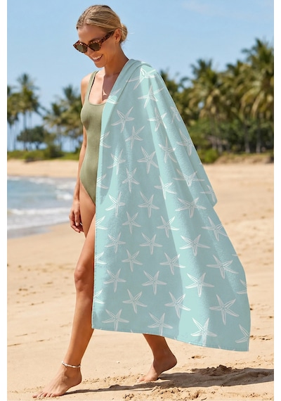 Deniz Yıldızı Temalı Plaj Havlusu - Marine Minimalist Turkuaz Beyaz Hızlı Kuruyan Mikrofiber Havlu Eski Yosun