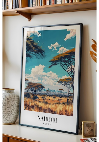 Nairobi Kenya Vintage Seyahat Posteri Çerçeveli Tablo - Premium Afrika Savana Elit Duvar Dekoru Siyah