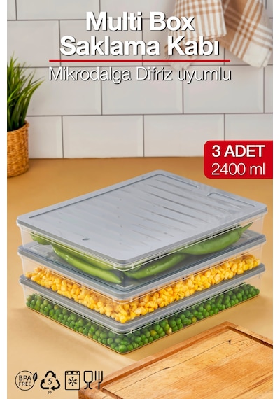 Multi Box 3 Lü Set Saklama Kabı Seti - Dondurucu & Mikrodalga Uyumlu Gri