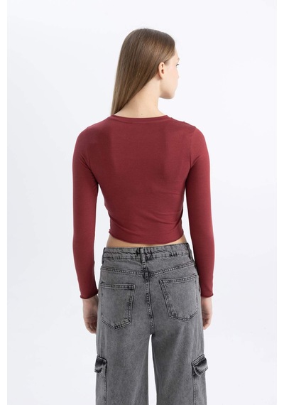 DeFacto Coool Fitted Bisiklet Yaka Basic Düz Crop Uzun Kollu Tişört C4469AX24SPBR182 DeFacto Coool Fitted Bisiklet Yaka Basic Düz Crop Uzun Kollu Tişört C4469AX24SPBR182