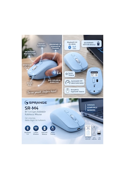 Sprange Sessiz Tık Şarj Edilebilir Kablosuz Mouse - Bluetooth 5.4 & 2.4ghz Çift Modlu Mouse Sr-m4 Mavi Sprange Sessiz Tık Şarj Edilebilir Kablosuz Mouse - Bluetooth 5.4 & 2.4ghz Çift Modlu Mouse Sr-m4 Mavi