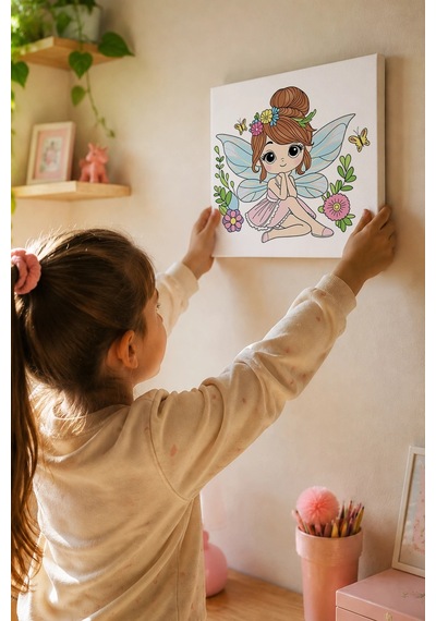 Sevimli Peri Temalı Çocuk Boyama Tuvali Şövalesiz Eğitici Boyama Seti 20x20 Cm