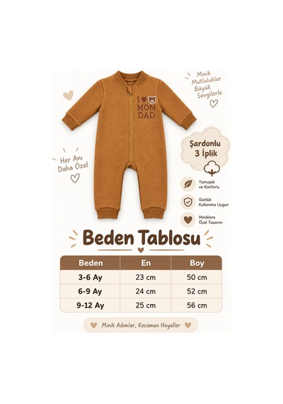 Beniizle Baskılı Unisex 3 İplik Şardonlu Fermuarlı Bebek Tulum Kahverengi
