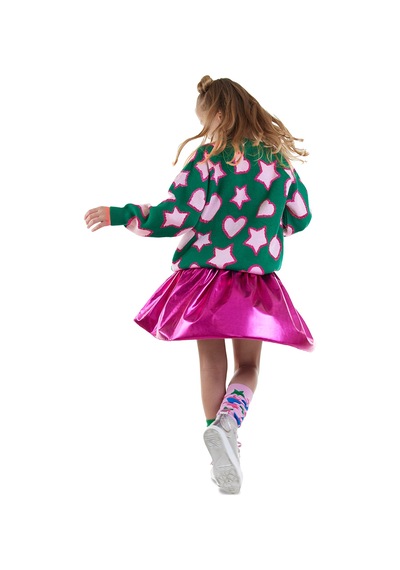 Denokids Yıldızlı Kalp Kız Çocuk Yeşil Triko Kazak Renkli