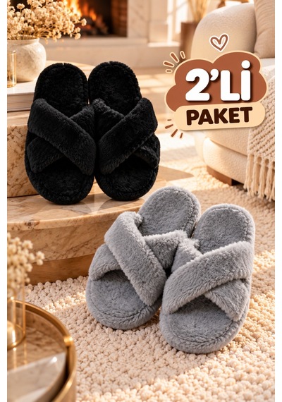 Modafrato 2'lü Paket Tüylü Çapraz Kadın Terlik Ev Terliği Ses Yapmayan Taban Yumuşak Rahat Terlik Siyah-gri Modafrato 2'lü Paket Tüylü Çapraz Kadın Terlik Ev Terliği Ses Yapmayan Taban Yumuşak Rahat Terlik Siyah-gri