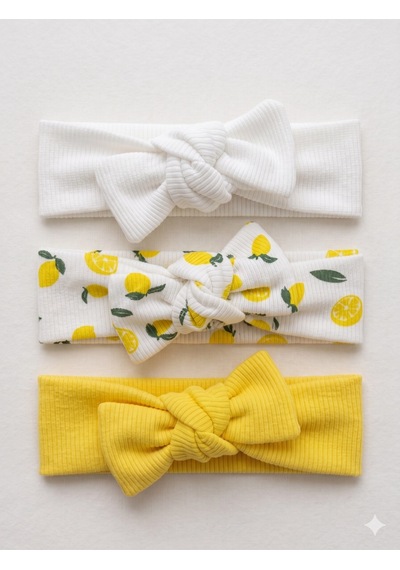 Kız Bebek 3 Lü Ribana Fiyonklu Bandana Seti - Sarı