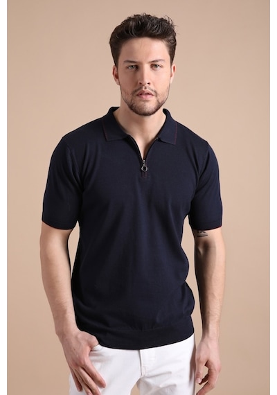 Ferraro Lacivert Polo Yaka Fermuarlı Erkek Pamuk Triko T-Shirt-Lacivert (417942893) Lacivert