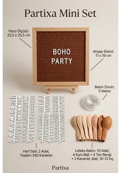 Boho Toprak Tonları Doğum Günü Süsleme Mini Set Kahve Keçe Yazı Panosu Standlı Balon Zincirli Standart