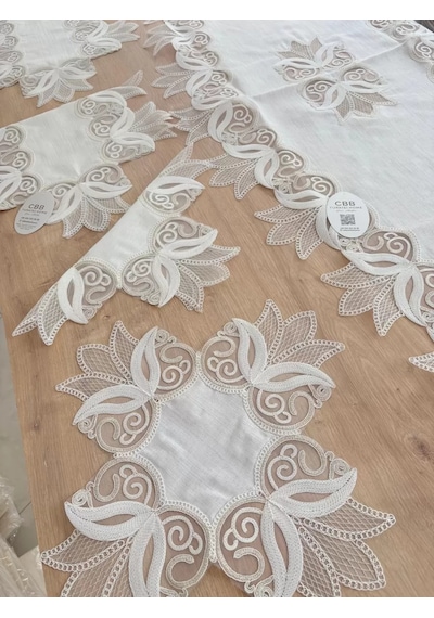 Salon Takımı Çeyizlik Kreme Gold Runner Set 5 Parça Keten Ranır Masa Konsol Sehpa Örtüsü Kayla Sarı