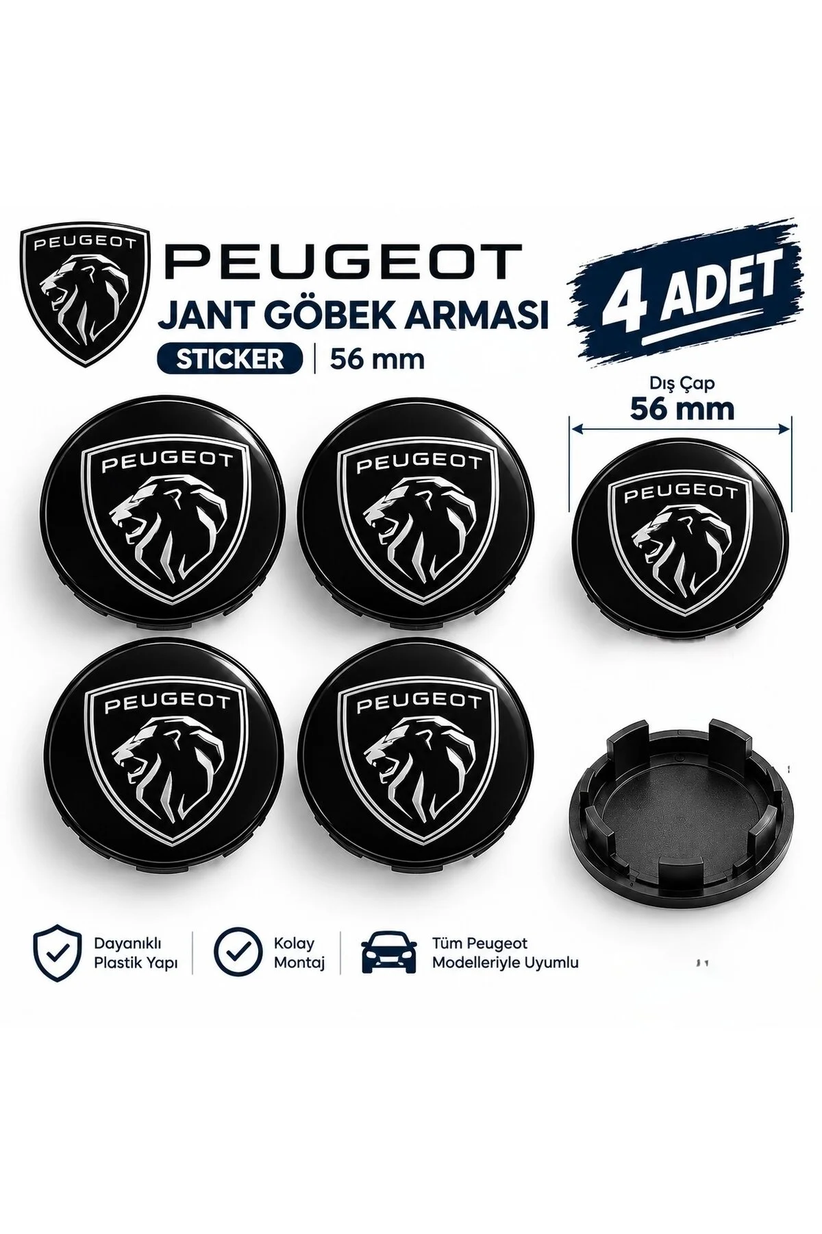 Peugeot Logolu Alüminyum Jant Göbeği Arması Sticker 56mm - 4 Adet