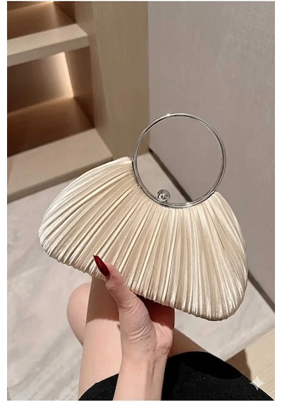 Zeyymoda Ten Saten Yeni Model Pilseli Abiye Kol Ve El Çantası İnci Taşlı Abiye Şık Çanta Gümüş Kasa Bej