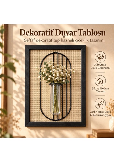 Siyah Ahşap Çerçeveli Hasır Zeminli Metal Detaylı Tüp Vazolu Dekoratif Duvar Tablosu - 21x30 Cm Çok Renkli Siyah Ahşap Çerçeveli Hasır Zeminli Metal Detaylı Tüp Vazolu Dekoratif Duvar Tablosu - 21x30 Cm Çok Renkli
