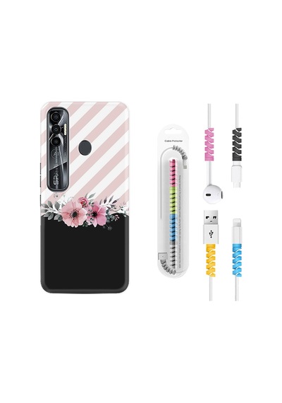 Tecno Spark 7 Pro Kılıf Kablo Koruyuculu Strip Pink Flowers 1396