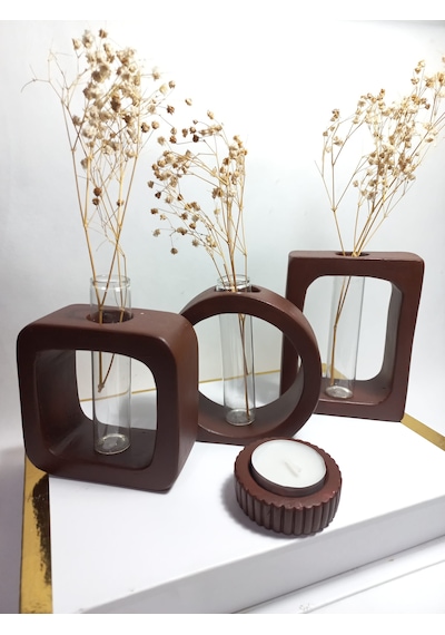 Modern Sanat Esintili, Dikdörtgen-kare-yuvarlak Formlu, Cam Tüplü Dekoratif 3'lü Vazo Set Kahverengi