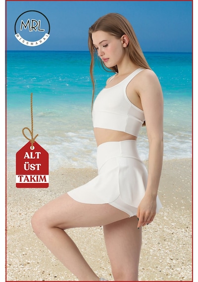 Missmaral Kadın Alt-üst Takım Şort & Crop Denizde Havuzda Sporda Casual/ Günlük Kullanım Ekru Tk3107 Ekru