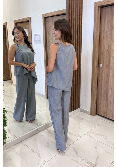 By Saygı Kadın Toka Detaylı Eteği Asimetrik Bluz Beli Lastikli Cepli Palazzo Pantolon Keten 2'li Takım Gri By Saygı Kadın Toka Detaylı Eteği Asimetrik Bluz Beli Lastikli Cepli Palazzo Pantolon Keten 2'li Takım Gri
