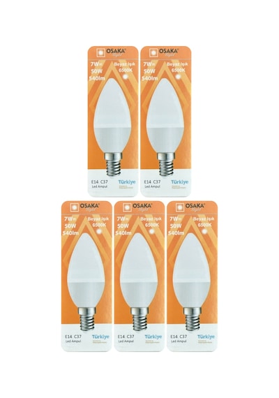 5 Adet Osaka 7w 50w Beyaz Işık 6500k E14 Duylu İnce Duy Led Mum Ampul
