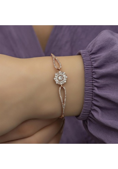 Alyans Evim Baget Taşlı Çiçek Motifli Rose Gümüş Kadın Bileklik