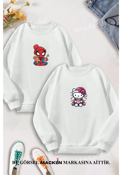 Macklin Sevgili Çift Kombin Spiderman Hello Kitty Yılbaşı Özel Baskılı Bisiklet Yaka Sweatshirt 2li Takım Beyaz Mck1555 Beyaz