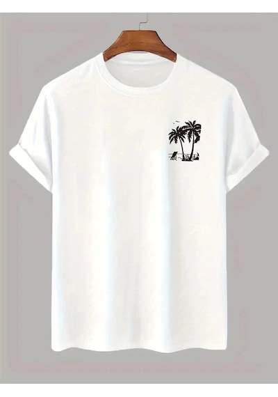 Barlashive Erkek Tişört Palmiye Baskılı Bisiklet Yaka Kısa Kol T-shirt - Beyaz Çok Renkli