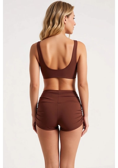 Benerly Kadın Şort Bikini Takımı V Yaka Kolsuz Bralette Üst Yüksek Bel Dü Kahverengi